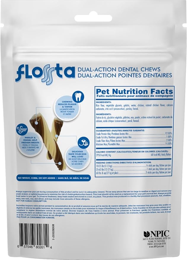 N-Bone FLOSSta Dental Chews for Dogs – Chicken Flavor, No Dyes, Grain-Free, Breath Freshening, Plaque & Tartar Control, Digestible Teething Aid – 6.4 oz Bag, Made in USA