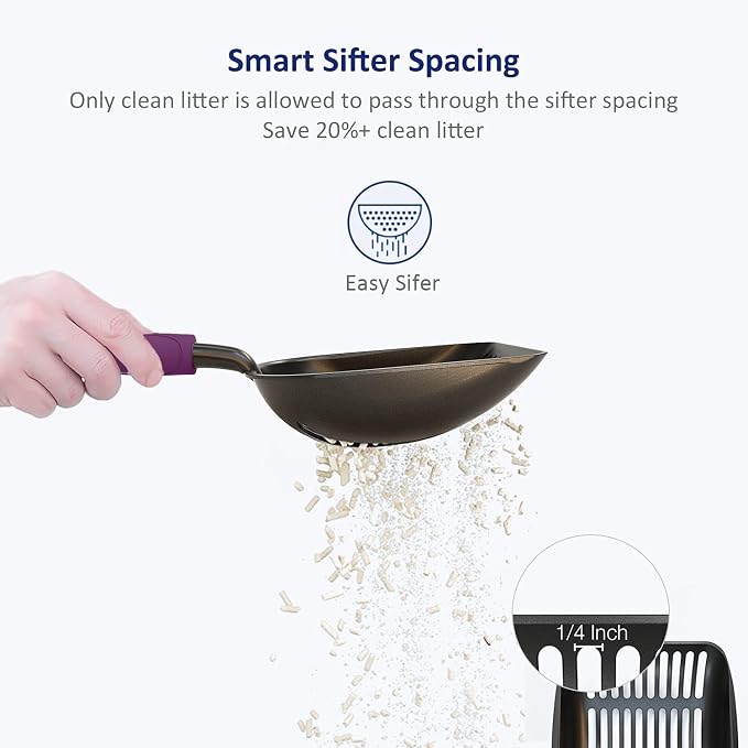 Cat Litter Scoop, Non-Stick Plated Aluminum Alloy Sifter, Kitty Durable Metal Scooper, Deep Shovel, Long Handle, Kitten Pooper Lifter, Size Large, Coated Black Body with Violet Handle