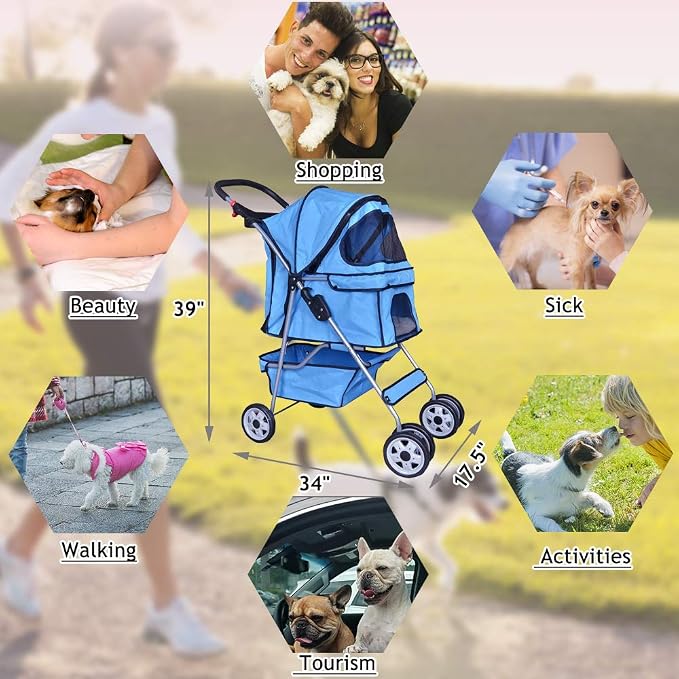 4 Wheels Pet Stroller Cat Dog Cage Stroller Travel Folding Carrier with Cup Holders and Removable Liner for Small-Medium Dog, Cat (Blue)