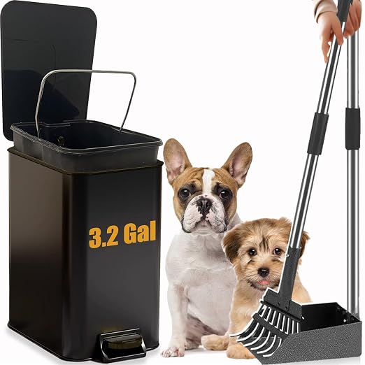 Metal Dog Pooper Scooper for Yard - Dog Poop Trash Can Outside with Pedal | 3.2 Gal Pet Waste Container Outdoor - Stainless Steel Garbage Bucket with Lid - Trash Bin, Long Handle Tray and Rake - Black