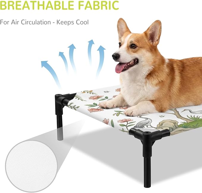 Outdoor Elevated Dog Bed for Medium Dogs, Pink Flowers Breathable Cooling Raised Dog Cot for Indoor/Outdoor, Trees Weeping Spring Floral Birds Waterproof Elevated Pet Beds, M 24 x 20 in