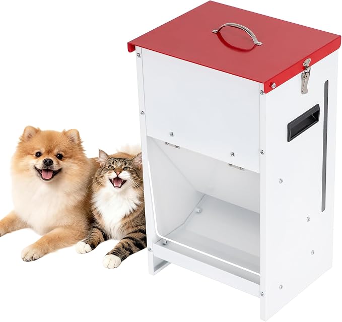 Automatic Dog Feeder - 15LBS Capacity Auto Gravity Dispenser | Powder Coated Dog Feeder, Waterproof for Indoor & Outdoor Use, 10.2"L x 8.3"W x 19"H, Red and White