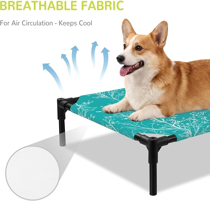 Outdoor Elevated Dog Bed for Large Dogs, Teal Botanical Breathable Cooling Raised Dog Cot for Indoor/Outdoor, Vintage Floral Plants Branch Waterproof Elevated Pet Beds, L 28 x 22 in
