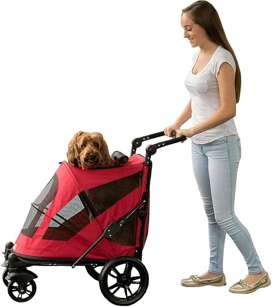 Pet Gear NO-Zip Pet Stroller with Dual Entry, Push Button Zipperless Entry for Single or Multiple Dogs/Cats, Pet Can Easily Walk in/Out, Gel-Filled Tires, Candy Red, Excursion
