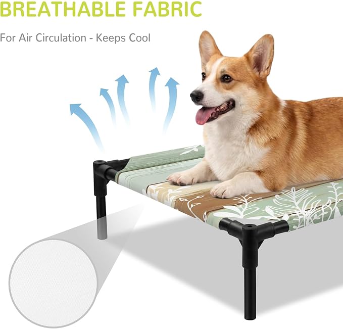 Outdoor Elevated Dog Bed for Medium Dogs, Teal Brown Botanical Breathable Cooling Raised Dog Cot for Indoor/Outdoor, Farmhouse Wooden Leaves Waterproof Elevated Pet Beds, M 24 x 20 in