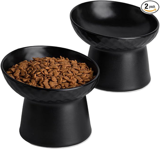 Elevated Cat Bowls, 15° Tilted Ceramic Raised Cat Food and Water Bowl Set, Whisker-Friendly Porcelain Pet Feeder Dishes for Indoor Cats and Small Dogs,Black,6.2 Inch,2 Pack