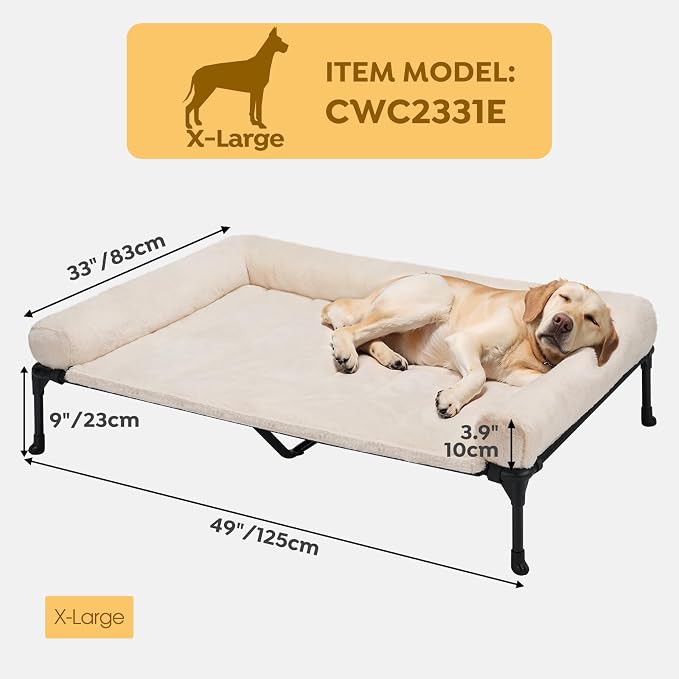 Veehoo Elevated Dog Beds Large Sized Dog with Fluffy Plush Bolster Cushion | Orthopedic Raised Dog Beds for Indoor Outdoor, Soft Pet Sofa Cot with Removable Washable Mat, No-Slip Feet, 49" x 33", White