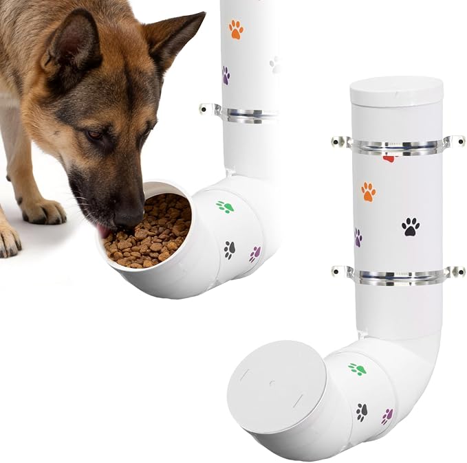 Gravity Dog Self Feeder, Automatic PVC Pipe Pet Food Dispenser, Large Capacity Hanging Chicken Feeder Station, Auto Refill Bowl for Cat Dog Chicken Turkeys Indoor & Outdoor Use, White