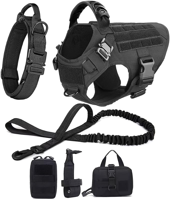 WAYO Dog Harness and Leash Set 6 Items - Military Tactical Vest with Collar for German Shepherd, Malinois, No Pull Training Walking Harness with Adjustable Straps (S/M/L/XL) (Brown, S)