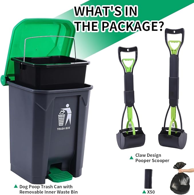 Pooper Scooper 2 Pack with 20 Litre Step Dog Poop Trash Can, 28" Long Handle Dog Poop Scoopers for Large Small Dogs Heavy Duty, Removable Inner Bucket for Outdoors, 50 Waste Bags Included (Green)