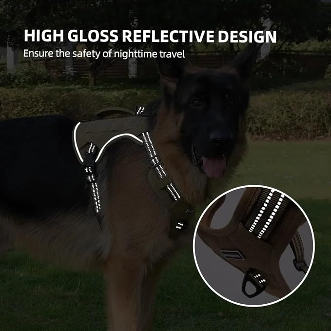 Tactical Dog Harness with Leash for Large Dogs, No Pull Adjustable Dog Harness, Reflective K9 Working Pet Vest for Walking, Training (Khaki, XL)