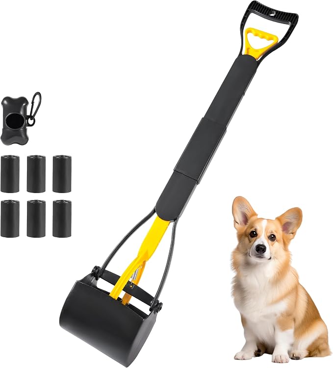 Dog Pooper Scooper 32in - Long Handle with Bag Attachment, Yellow | Made of lightweight ABS plastic. Ideal for large dogs & yard pickup. Includes bag attachment for hands-free cleanup.