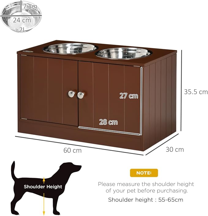Large Elevated Dog Bowls with Storage Cabinet Containing 44L Capacity, Raised Bowl Stand Pet Food Feeding Station, Brown, Easy-Install