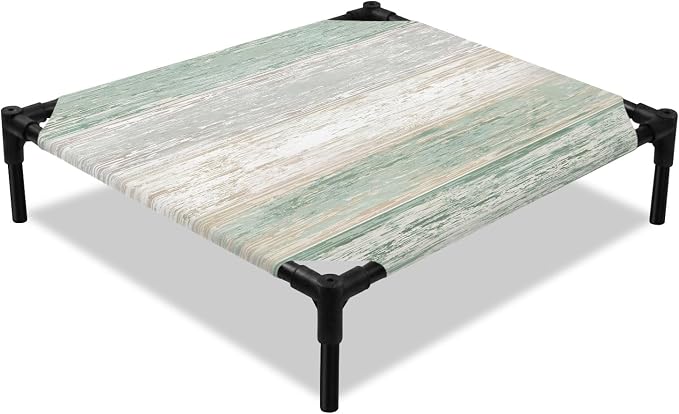 Outdoor Elevated Dog Bed for Small Dogs, Sage Green Grey Breathable Cooling Raised Dog Cot for Indoor/Outdoor, Farmhouse Gray Barn Wooden Vintage Striped Waterproof Elevated Pet Beds, S 20 x 20 in