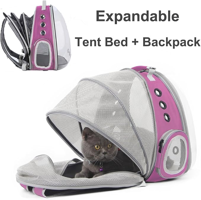 Expandable Pink Cat Backpack Carrier, Fit up to 12 lbs, Space Capsule Clear Bubble Window Pet Carrier Backpack for Kitten Bunny Rabbit and Small Puppy