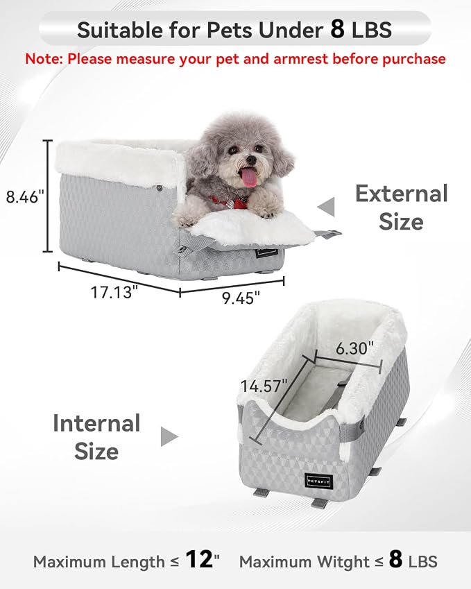 PETSFIT Small Dog Car Seat with Washable Cushion, Soft Pillow, Safety Leash | Dual Seat-rail Hooks with Adjustable Straps Help Reduce Shifting, Console Dog Car Seat for pets Under 8 lbs, Light Grey