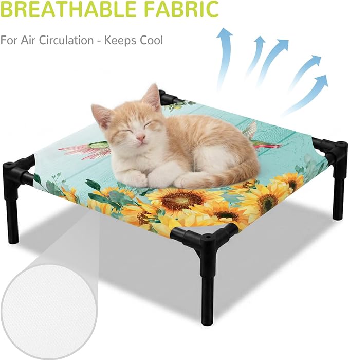 Outdoor Elevated Dog Bed for Small Dogs, Sunflowers Breathable Cooling Raised Dog Cot for Indoor/Outdoor, Spring Botanical Flowers Birds Turquoise Wooden Waterproof Elevated Pet Beds, S 20 x 20 in