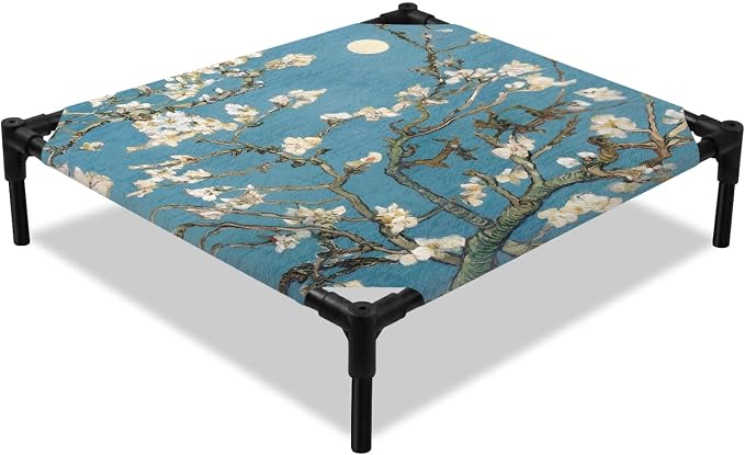 Outdoor Elevated Dog Bed for Small Dogs, Flowers Branches Breathable Cooling Raised Dog Cot for Indoor/Outdoor, Farmhouse Turquoise Sky Moon Tree Waterproof Elevated Pet Beds, S 20 x 20 in