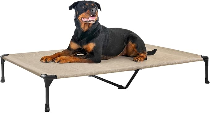 Veehoo Outdoor Elevated Dog Bed Large Sized Dogs, Cooling Raised Dog Cots | Off-ground training platform, portable camping hammock, breathable mesh, easy to clean, no-tool setup, 53"x37", Beige Coffee