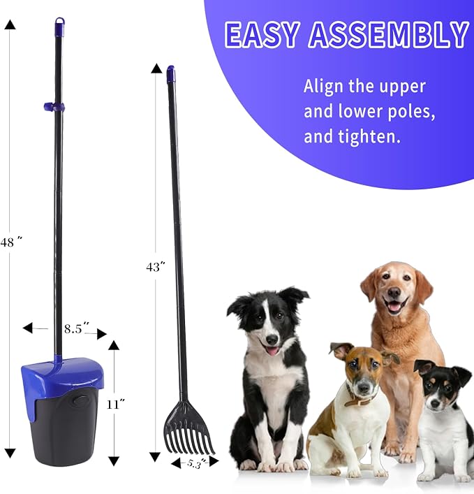 ienjoyed 43" Tall Pooper Scooper Large Swivel Bin & Rake with 100 Waste Bags,Heavy Duty Dog Pooper Scooper for Dogs, Long Handle Poop Scooper with Lid for Yard, Grass, Gravel (Blue)