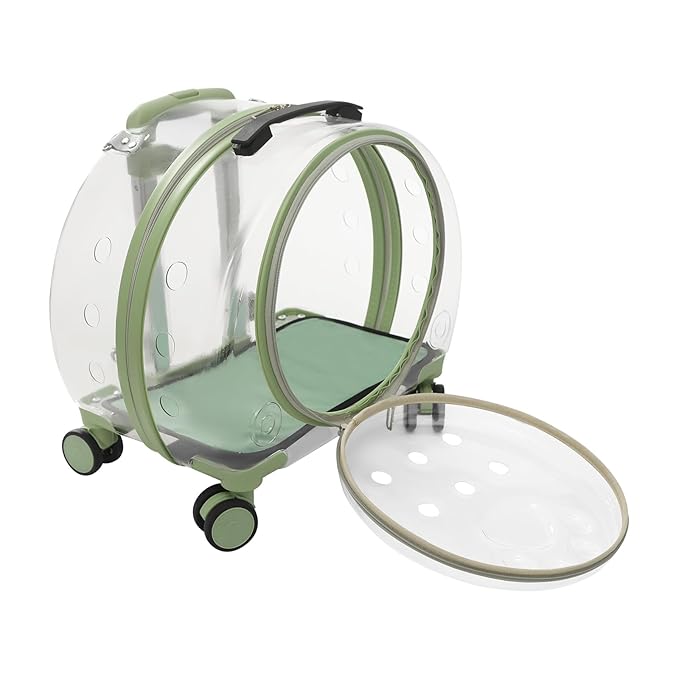Pet Carrier with Wheels, Transparent Hard Breathable Pet Carrier with Ventilation Holes Telescopic Handle Multiple Carrying Strollers for Cats Dogs (Green)
