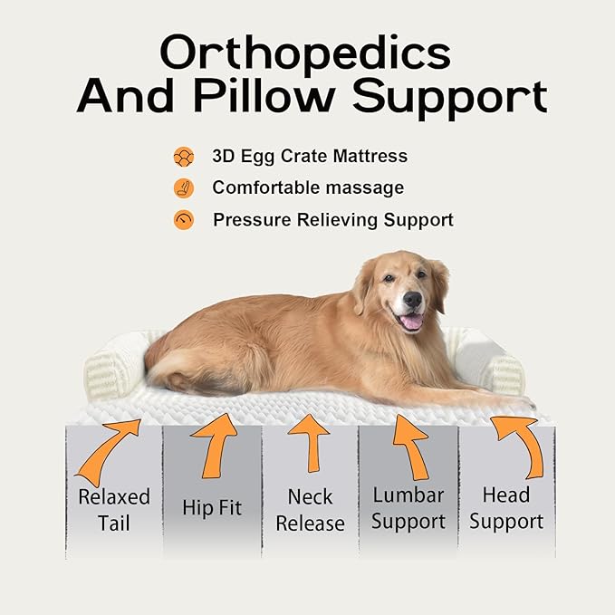 Orthopedic Washable Dog Bed with Bolster for Medium to Large Dogs | Pillow Support for Neck Relief, Egg Crate Foam, Waterproof Liner, Anti-Slip Bottom, Removable Bolster Cover, 36 x 27 Inch