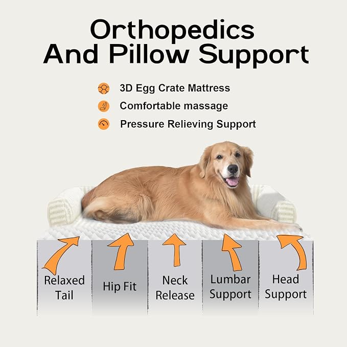 Orthopedic XL Dog Bed with Bolster for Extra Large Size Dogs | Pillow Support for Neck Relief, Egg Crate Foam, Skin-Friendly Surface, Waterproof Liner, Anti-Slip Bottom, 42 x 30 Inch