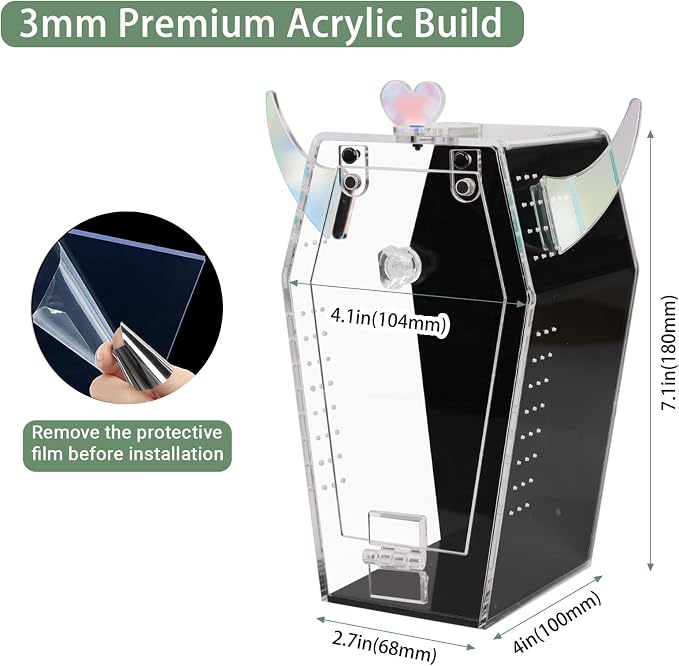 Acrylic Jumping Spider Enclosure，3mm Clear Coffin Terrarium with Magnetic Door & Feeding Hole, Secure Habitat for Jumping Spiders, Mantis, Small Tarantulas