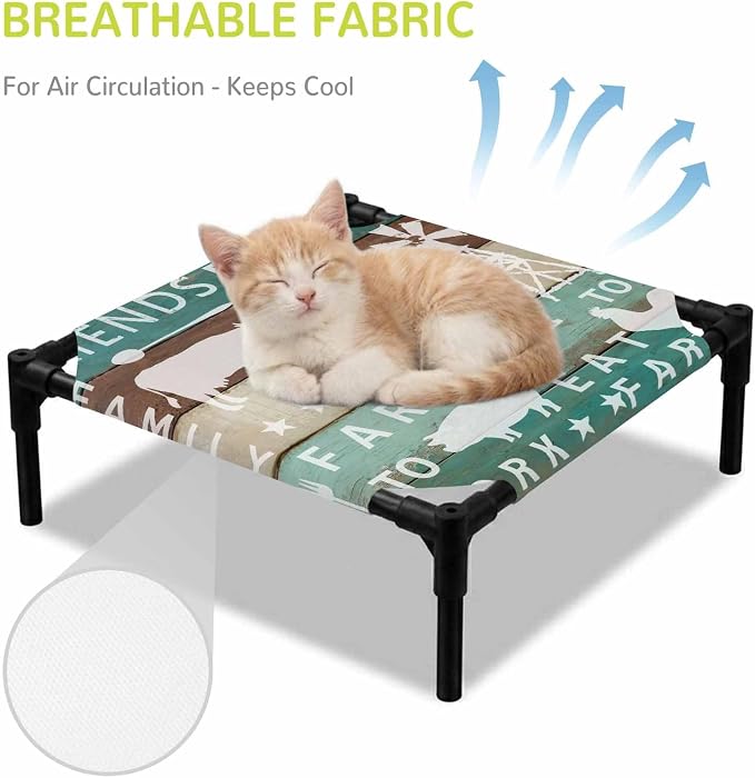 Outdoor Elevated Dog Bed for Small Dogs, Farmhouse Barn Breathable Cooling Raised Dog Cot for Indoor/Outdoor, Cow Pig Chicken Windmill Wooden Plank Waterproof Elevated Pet Beds, S 20 x 20 in