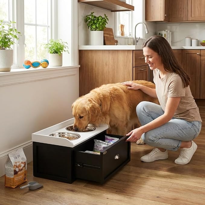 Pet Feeding Station with Storage, Elevated Dog Bowls Set for Large Dogs, White and Black Dual Bowl Feeder with Built-in Food Compartment, Raised Pet Dish Stand for Indoor Outdoor U
