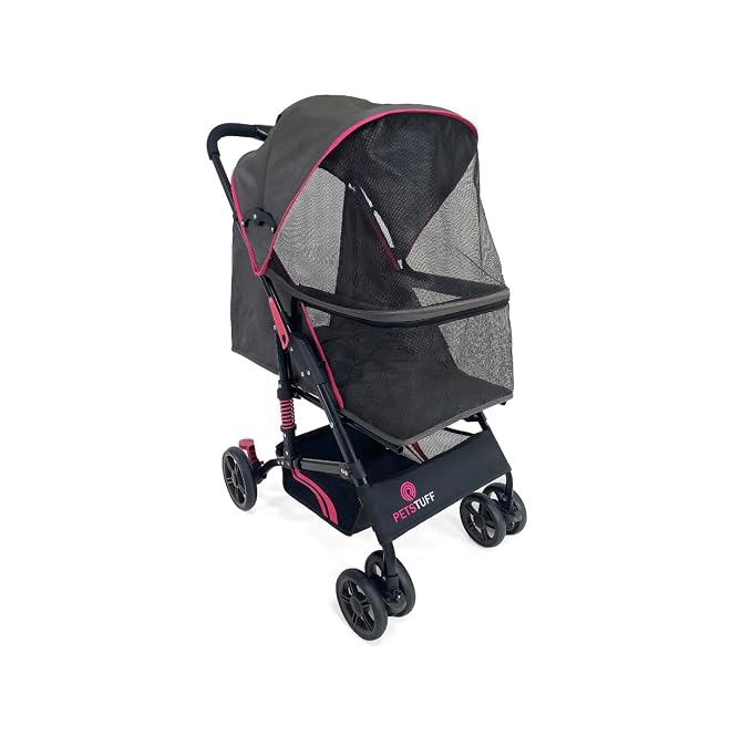 27.2” Buddy Buggies Foldable Pet Stroller - Shock Absorbing Frame with Storage - Machine Washable Fabric - Durable Mesh & UV Protected Retractable Canopy - Cat & Dog Stroller Up to 60lb