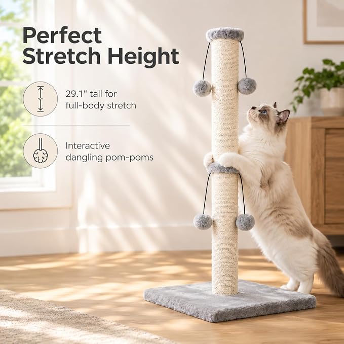 Dimaka 29'' Cat Scratching Post, Natural Sisal Rope Scratcher Post, Kitten Claw Scratch with 4 DanglingToy Balls for Large Cats (Grey)