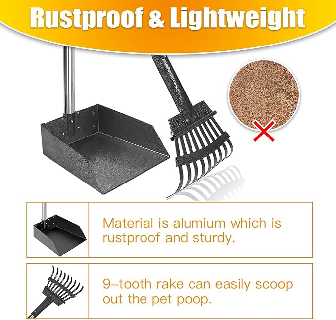 Pooper Scooper, Dog Pooper Scooper Long Handle Stainless Metal Tray and Rake for Medium Small Dogs Heavy Duty Pet Supplies to Use for Grass, Dirt or Gravel (Pack of 2)