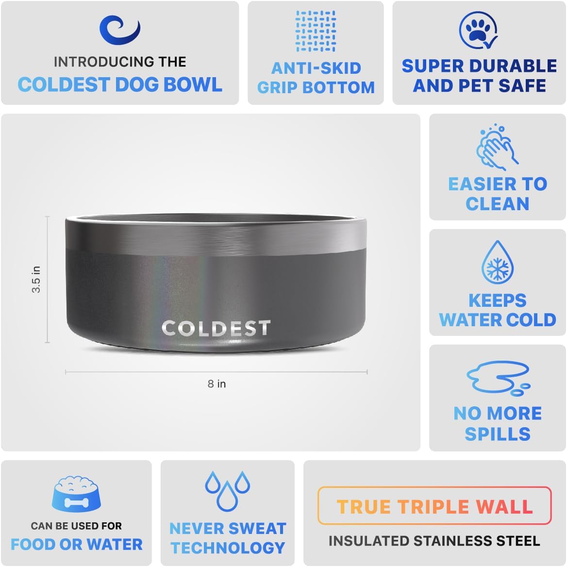 Coldest Dog Bowl - Anti Rust Metal, Non Slip, 3 Layers Insulated Stainless Steel Dog Bowls - Spill Proof & Heavy Duty - Water Bowl for Dogs, Cats & Pets, Dish Washer Safe (64 oz, Stardust Glitter)