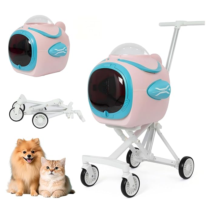 4 in 1 Foldable Pet Stroller with Detachable Carrier for Small Dogs & Cats, Space Capsule Travel Stroller with Inbuilt Fan,Temperature Display & Night Light,Puppy Kitty Doggie Bunny Stroller(Pink)