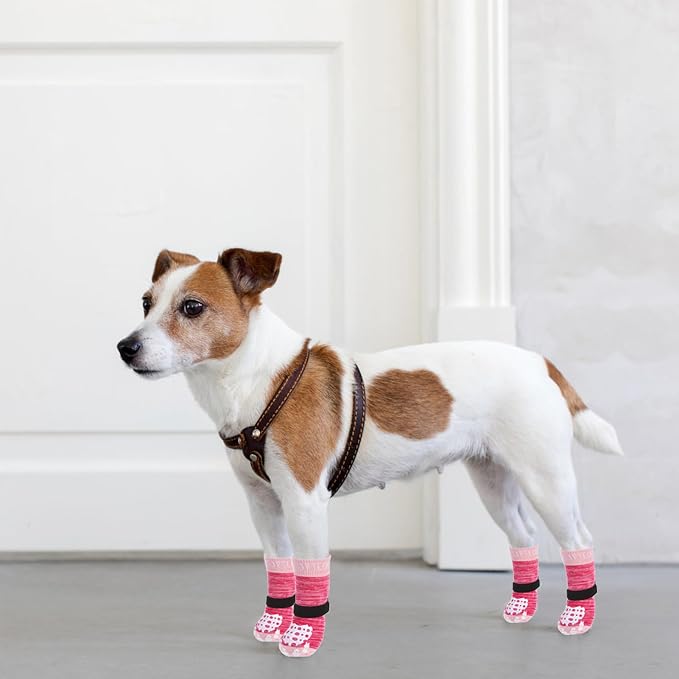 PUPTECK Anti-Slip Dog Socks with Double Sides Grips for Small Medium Large Dogs Hardwood Floors Prevents Licking, Dog Shoes for Hot Pavement Traction Control for Senior Dogs, Fuschia, XL