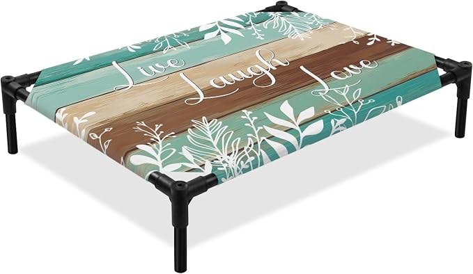 Outdoor Elevated Dog Bed for Medium Dogs, Teal Green Brown Botanical Breathable Cooling Raised Dog Cot for Indoor/Outdoor, Farmhouse Wooden Leaves Waterproof Elevated Pet Beds, M 24 x 20 in
