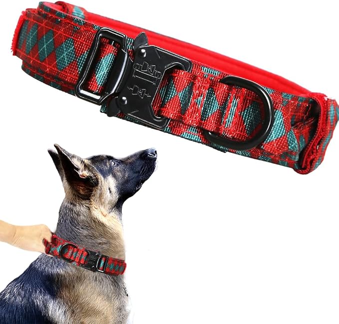 Tactical Dog Collar for Large Dogs with Control Handle,Grid | 1000D Heavy-Duty Nylon Fabric,Quick-Release Metal Buckle,Adjustable Fit,Soft-Padded Webbing,D-Ring,for Training & Hiking,S