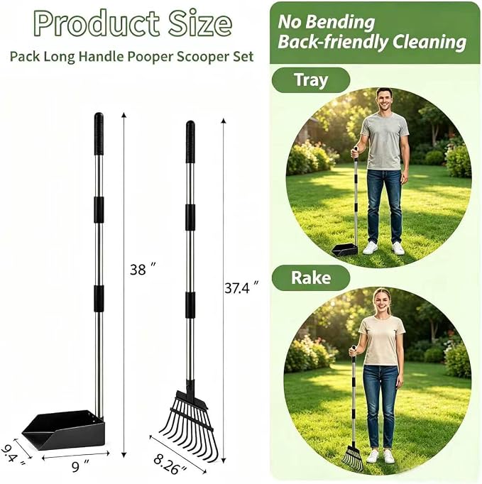 Pooper Scooper for Large Dogs, Dog Pooper Scooper Metal Tray and Rake。 | 9.4'' Large Tray and 8.26''Rake ,No Bending Clean Up,38" Long Handle Dog Poop Scooper for Grass, Gravel & Dirt.