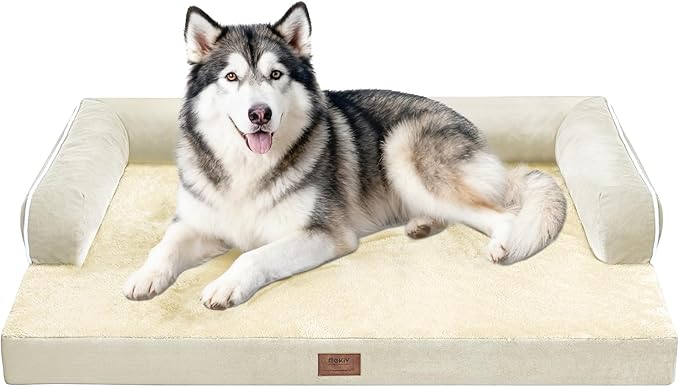Orthopedic Waterproof Dog Bed with Bolster for Extra Large Size Dogs | Pillow Support for Neck Relief, Egg Crate Foam, Waterproof Liner, Anti-Slip Bottom, Removable Bolster Cover, 48 x 33 Inch