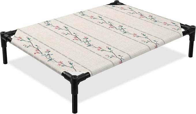 Outdoor Elevated Dog Bed for Large Dogs, Beige Flower Branch Breathable Cooling Raised Dog Cot for Indoor/Outdoor, Spring Summer Farmhouse Botanical Waterproof Elevated Pet Beds, L 28 x 22 in