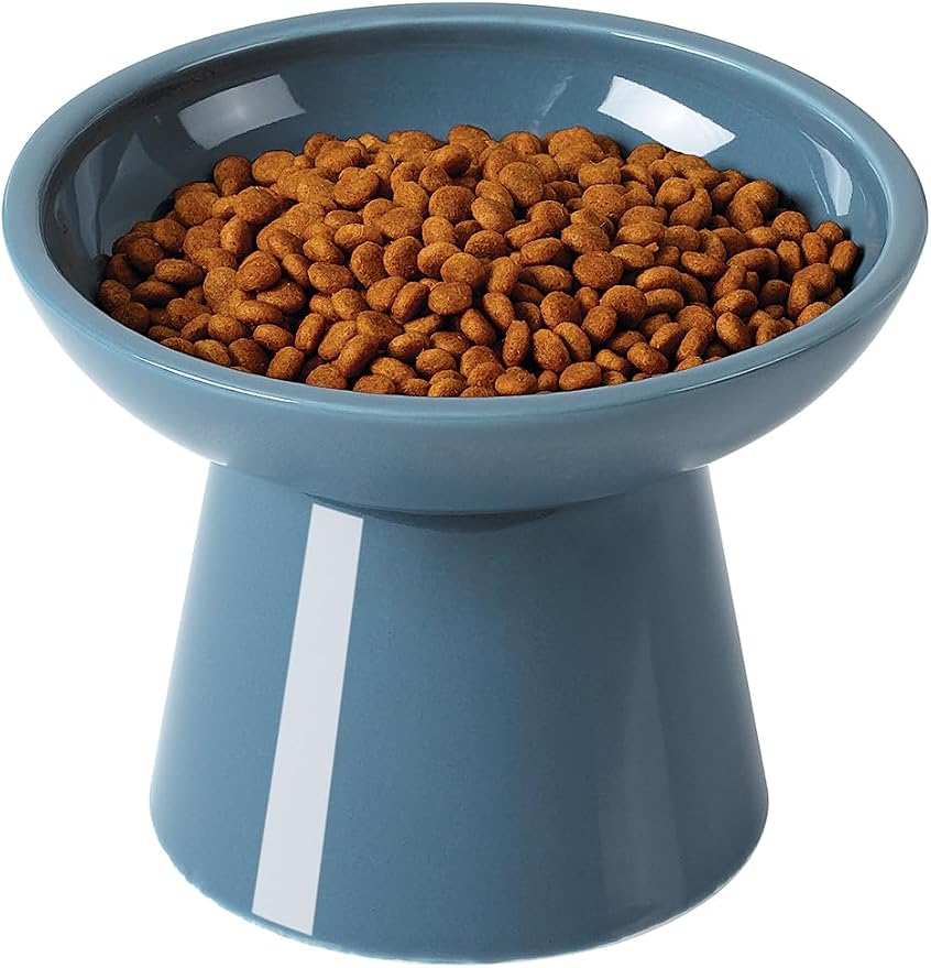 LoeJan Elevated Cat Food and Water Bowls Set, Extra Wide and Raised Ceramic Feeder, Anti-Vomit Whisker-Free Pressure Feeding Bowl for Kittens Adult Small Dogs (Deep Blue, Food Bowl)