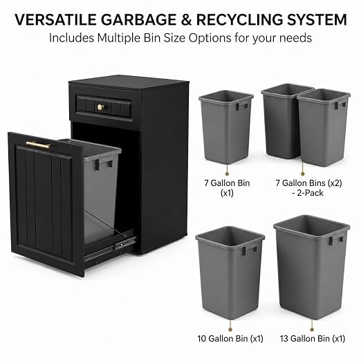 13 Gallon Pull Out Trash Can Cabinet with Drawer | Hidden Wooden Garbage Cabinet for Kitchen, Freestanding Modern Farmhouse Waste Bin Holder, Black