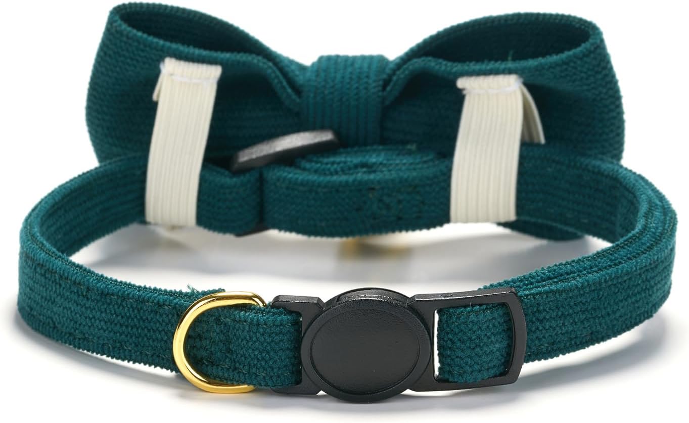 2 Pack Soft Corduroy Christmas Cat Collars with Bow Tie & Bell, Adjustable Breakaway Cotton Kitty Bowtie Collar for Girl Boy Kitten (Red & Green)