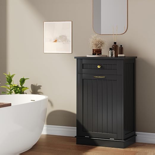 10 Gallon Tilt Out Trash Can Cabinet with Drawer Hidden Trash Cabinet Black | Cabinet with Drawers for Kitchen, Bathroom and Laundry Room