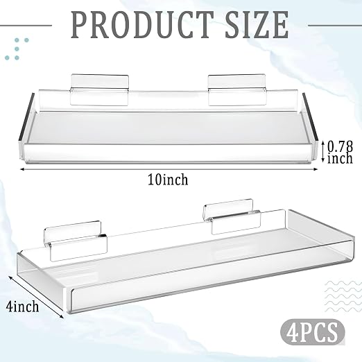 Yalikop 4 Pcs Slatwall Shelves Clear Acrylic Slatwall Shelves Organizer Wall Mounted Hanging Accessories Plastic Panel Display Shelf for Retail Store Boutique Garage Home(Fenced Style,10 x 4 Inch)