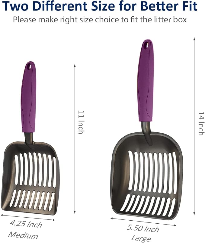Cat Litter Scoop, Non-Stick Plated Aluminum Alloy Sifter, Kitty Durable Metal Scooper, Deep Shovel, Long Handle, Kitten Pooper Lifter, Size Medium, Coated Black Body with Violet Handle