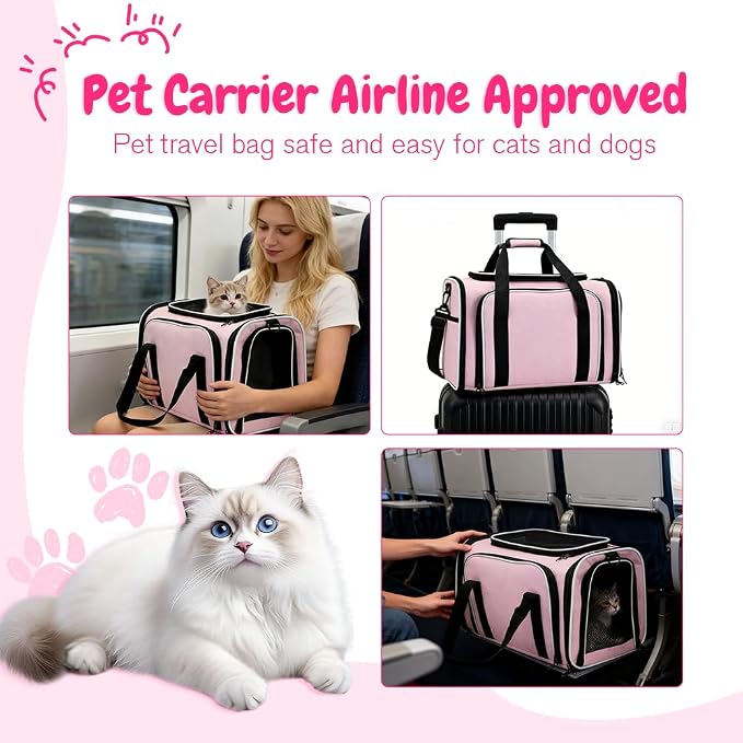 Double Expandable Cat Carrier,Airline Approved Soft-Sided Pet Travel Carrier for Small Dogs Cats under 15 lbs,Waterproof 600D Oxford Fabric with Washable Replacement Liner,Odor-Free & Claw-Proof(Pink)