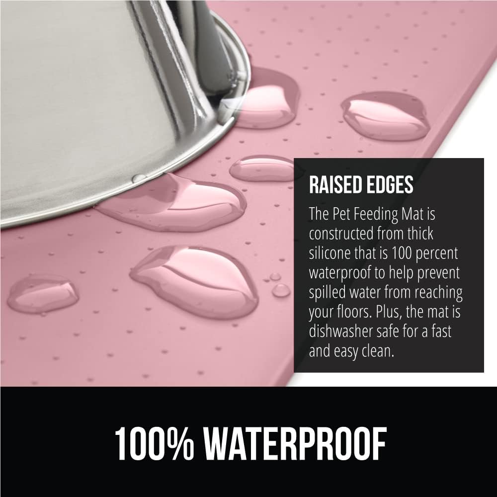 GORILLA GRIP 100% Waterproof Raised Edge BPA Free Silicone Pet Feeding Mat, Dog Cat Food Mats Contain Spills Protects Floors, Placemats for Cats and Dogs Water Bowl, Pets Accessories 28x18 Pink