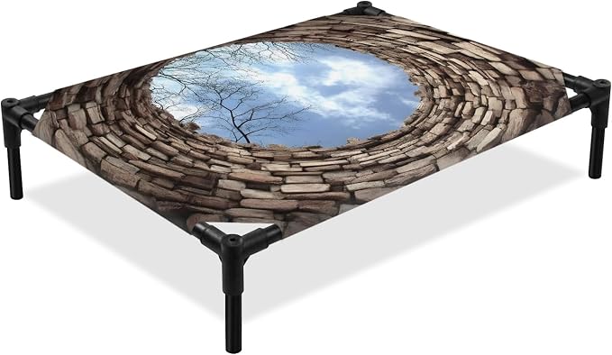 Outdoor Elevated Dog Bed for Large Dogs, Circular Well Breathable Cooling Raised Dog Cot for Indoor/Outdoor, Tree Branches Sky Vintage Aged Waterproof Elevated Pet Beds, L 28 x 22 in